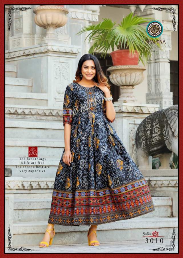 Aradhna Bandhani 3 Heavy Cotton Festive Wear Cotton Anarkali Long Kurti Collection
